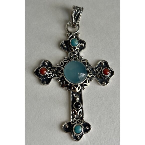 Handcrafted Agate Cut Gemstone Cross 925 Sterling Silver - Picture 11 of 16